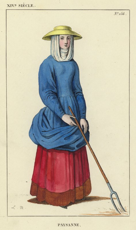 XIV vuosisata, talonpojan nainen (värillinen kaiverrus) tekijältä French School