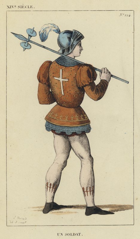 XIV vuosisata, sotilas (värillinen kaiverrus) tekijältä French School