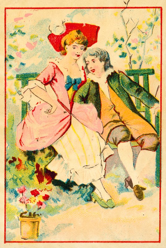 Nuori pari penkillä puutarhassa (chromolitho) tekijältä French School