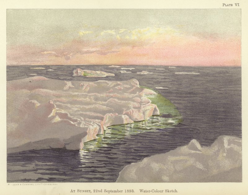 Auringonlaskun aikaan, 22. syyskuuta 1893, vesiväriluonnos (väri litho) tekijältä Fridtjof Nansen