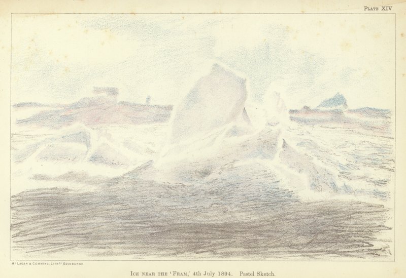 Jää lähellä "Framia", 4. heinäkuuta 1894, pastelliluonnos (väri litho) tekijältä Fridtjof Nansen