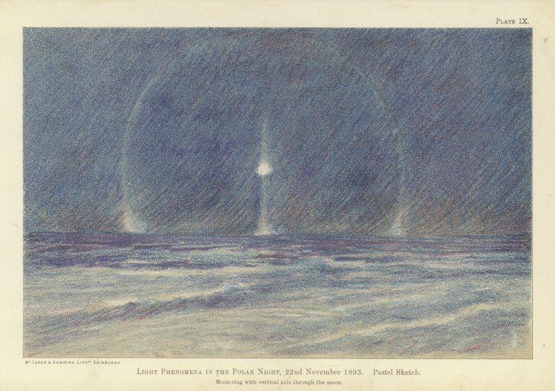 Valoilmiöitä napayössä, 22.11.1893, pastellisketsi (värilitho) tekijältä Fridtjof Nansen