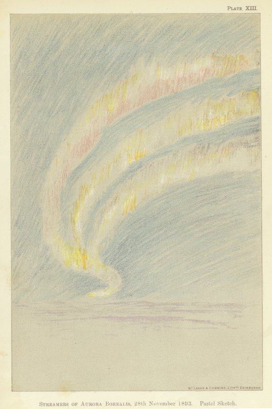 Aurora borealis-virrat, 28.11.1893, pastellisketsi (värilitho) tekijältä Fridtjof Nansen