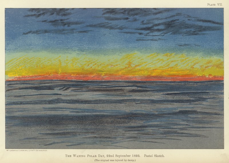 Hiipuva napapäivä, 22. syyskuuta 1893, pastellisketsi (väri litho) tekijältä Fridtjof Nansen