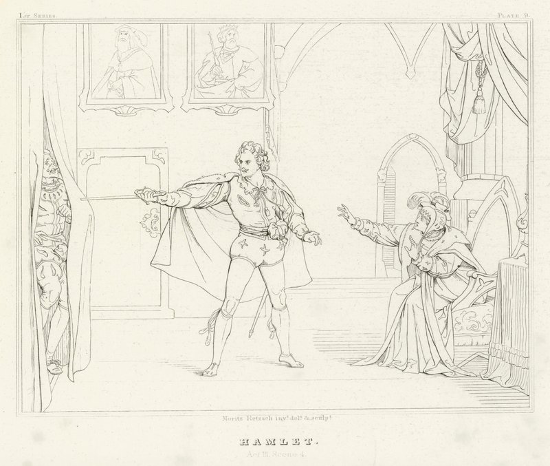 Hamlet, näytös III, kohtaus 4 (kaiverrus) tekijältä Friedrich August Moritz Retzsch