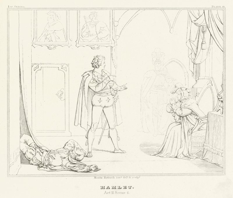 Hamlet, näytös III, kohtaus 4 (kaiverrus) tekijältä Friedrich August Moritz Retzsch