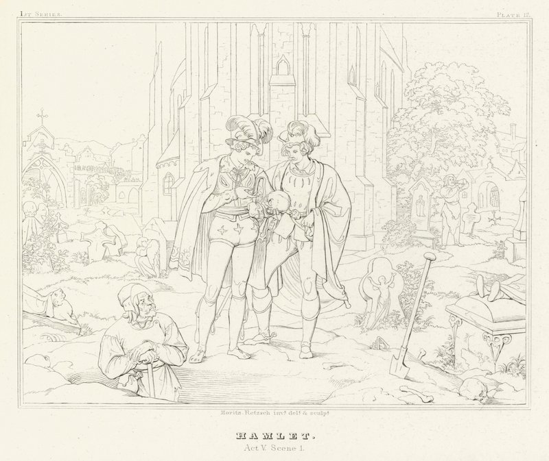 Hamlet, V näytös, kohtaus 1 (kaiverrus) tekijältä Friedrich August Moritz Retzsch