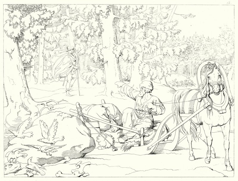 Kuvitus Schillerin Lied von der Glockelle tai Kellon laululle (kaiverrus) tekijältä Friedrich August Moritz Retzsch