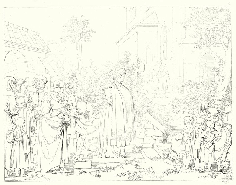 Kuvitus Schillerin Lied von der Glockelle tai Kellon laululle (kaiverrus) tekijältä Friedrich August Moritz Retzsch