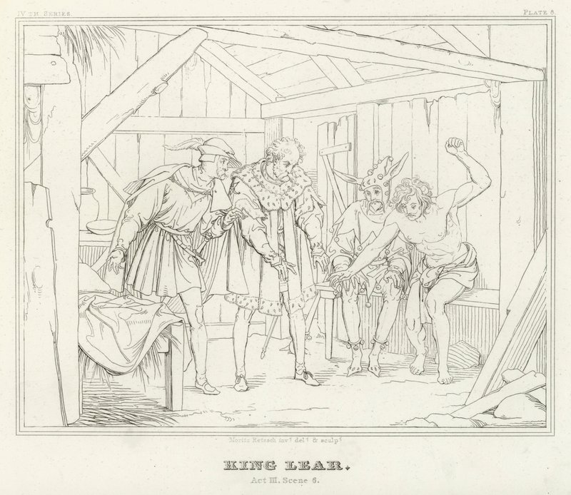 Kuningas Lear, näytös III, kohtaus 6 (kaiverrus) tekijältä Friedrich August Moritz Retzsch