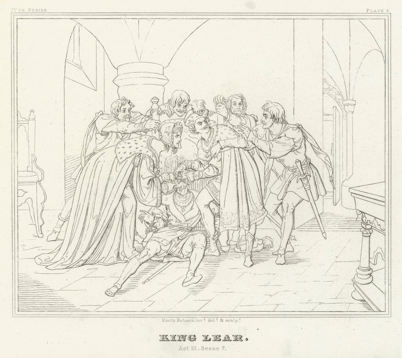 Kuningas Lear, näytös III, kohtaus 7 (kaiverrus) tekijältä Friedrich August Moritz Retzsch