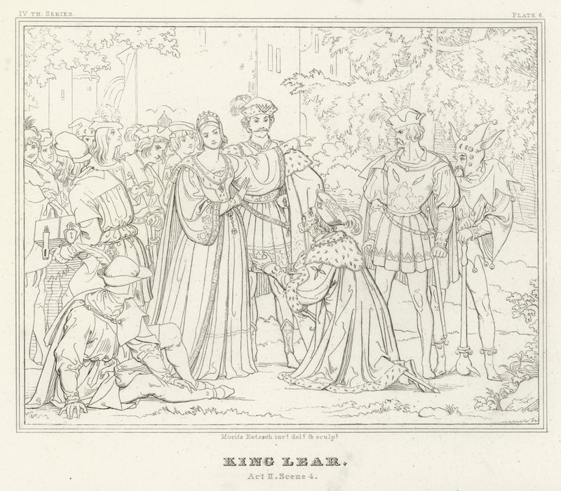 Kuningas Lear, näytös II, kohtaus 4 (kaiverrus) tekijältä Friedrich August Moritz Retzsch