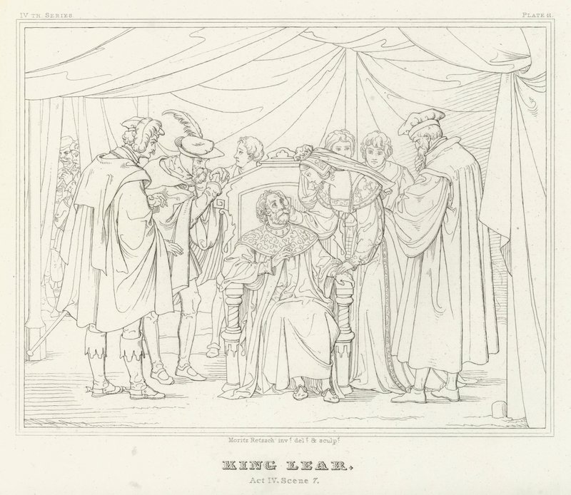 Kuningas Lear, näytös IV, kohtaus 7 (kaiverrus) tekijältä Friedrich August Moritz Retzsch