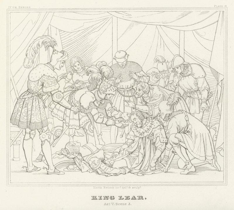 Kuningas Lear, V näytös, kohtaus 3 (kaiverrus) tekijältä Friedrich August Moritz Retzsch