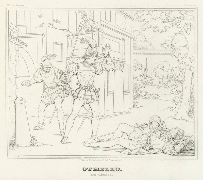 Othello, V näytös, kohtaus 1 (kaiverrus) tekijältä Friedrich August Moritz Retzsch