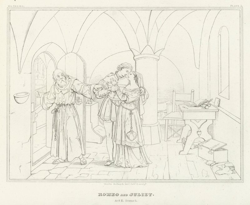 Romeo ja Julia, näytös II, kohtaus 6 (kaiverrus) tekijältä Friedrich August Moritz Retzsch