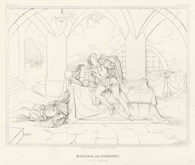 Romeo ja Julia, V näytös, kohtaus 3 (kaiverrus) tekijältä Friedrich August Moritz Retzsch