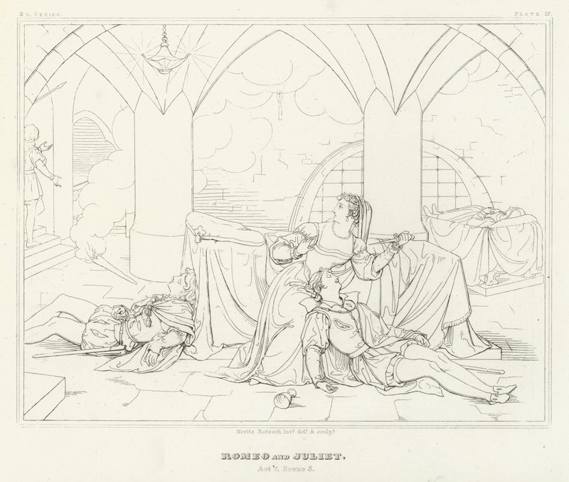 Romeo ja Julia, V näytös, kohtaus 3 (kaiverrus) tekijältä Friedrich August Moritz Retzsch