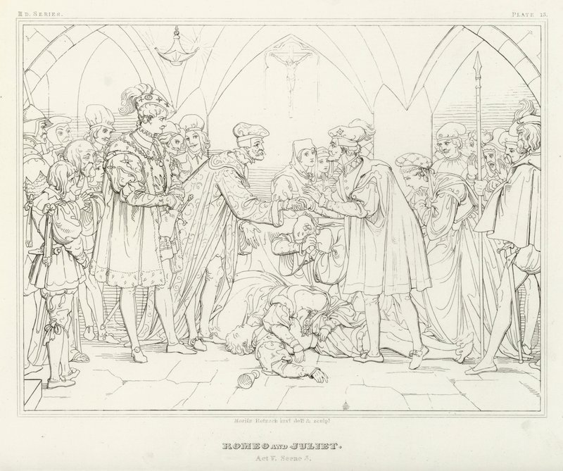 Romeo ja Julia, V näytös, kohtaus 3 (kaiverrus) tekijältä Friedrich August Moritz Retzsch