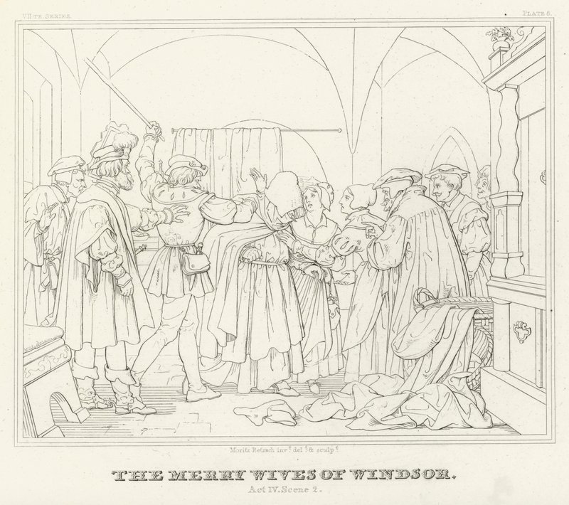 Windsorin iloiset vaimot, näytös IV, kohtaus 2 (kaiverrus) tekijältä Friedrich August Moritz Retzsch