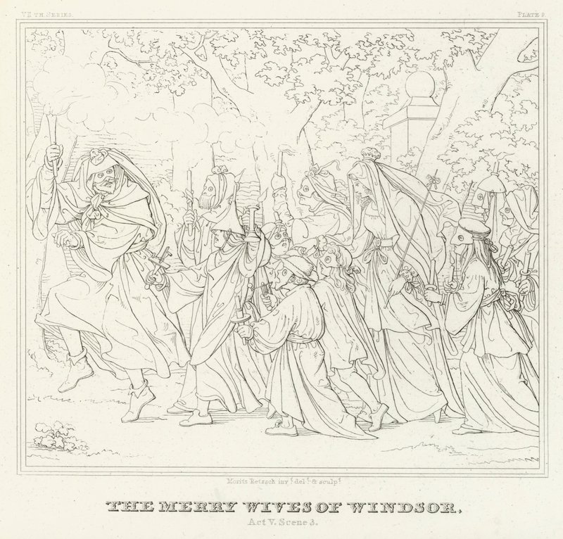 Windsorin iloiset vaimot, näytös V, kohtaus 3 (kaiverrus) tekijältä Friedrich August Moritz Retzsch