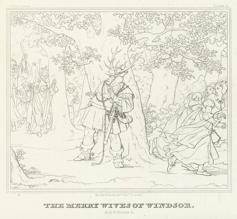 Windsorin iloiset vaimot, näytös V, kohtaus 4 (kaiverrus) tekijältä Friedrich August Moritz Retzsch