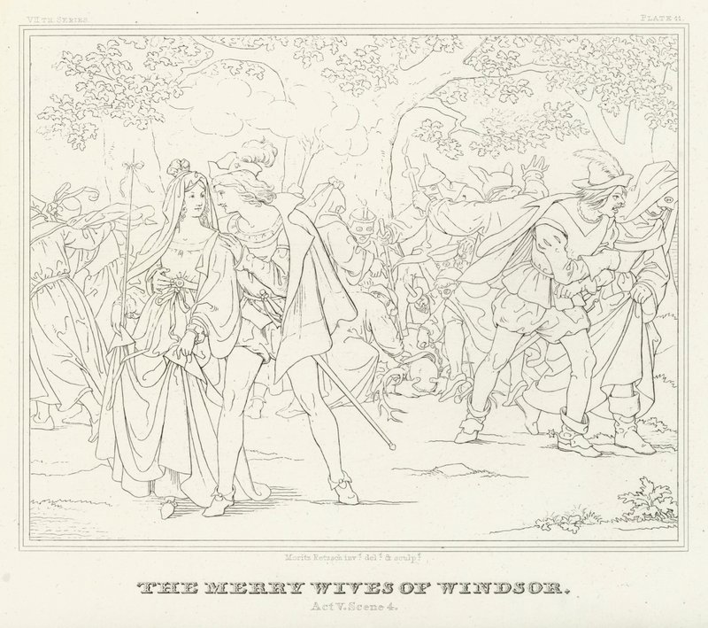 Windsorin iloiset vaimot, näytös V, kohtaus 4 (kaiverrus) tekijältä Friedrich August Moritz Retzsch