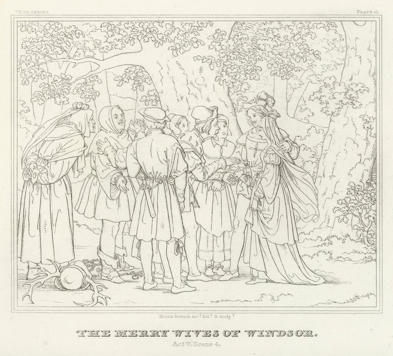 Windsorin iloiset vaimot, näytös V, kohtaus 4 (kaiverrus) tekijältä Friedrich August Moritz Retzsch