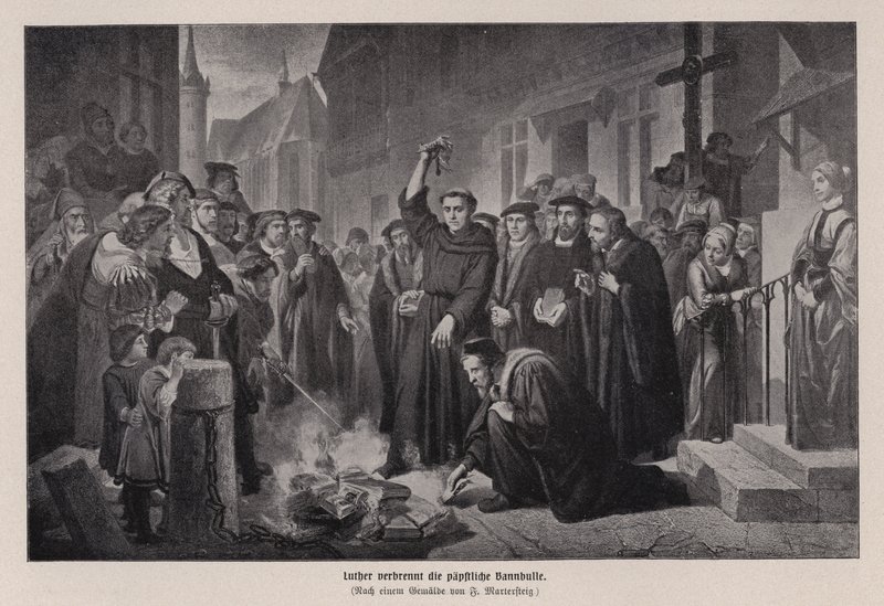 Martin Luther polttaa paavin bullan Wittenbergissä, Saksassa tekijältä Friedrich Wilhelm Heinrich Martersteig