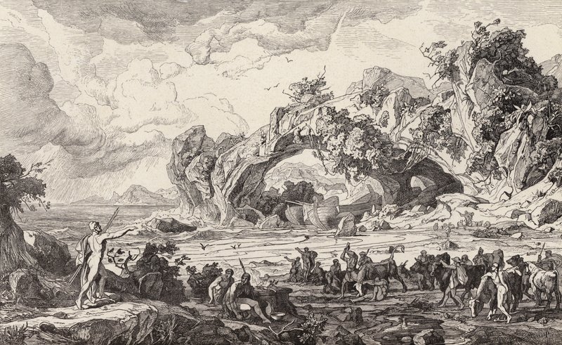 Helioksen pyhän karjan tappaminen (kaiverrus) (kaiverrus) tekijältä Friedrich the Elder Preller