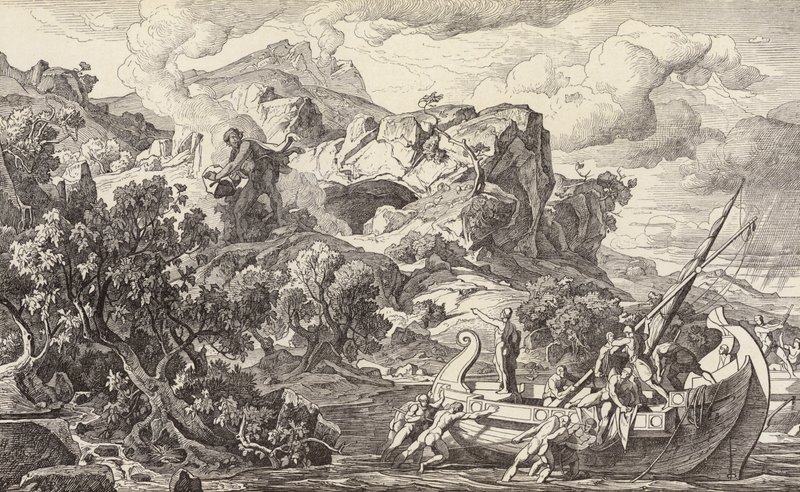 Odysseus lähtee Kyklooppien saarelta (kaiverrus) tekijältä Friedrich the Elder Preller