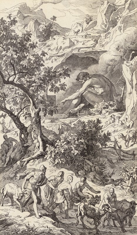 Odysseus kulkee Polyfemoksen luolan ohi (kaiverrus). tekijältä Friedrich the Elder Preller