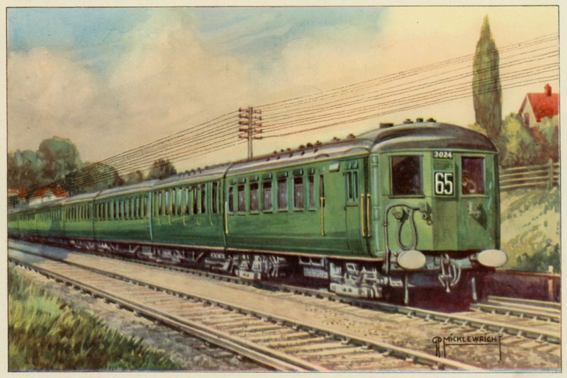 Southern Railway, Electric Express London Bridgestä Eastbourneen (värilitho) tekijältä G.P. Micklewright