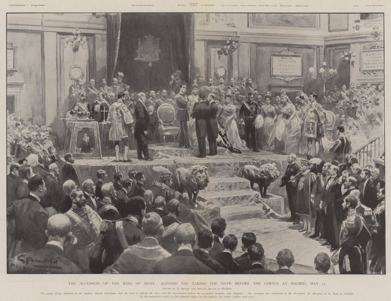 Espanjan kuninkaan liittyminen, Alfonso XIII vannoi valan Cortesin edessä Madridissa 17. toukokuuta tekijältä G.S. Amato