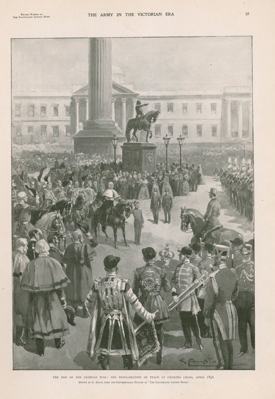 Krimin sodan loppu: rauhanjulistus Charing Crossissa Lontoossa huhtikuussa 1856 (syväpaino) tekijältä G.S. (after) Amato