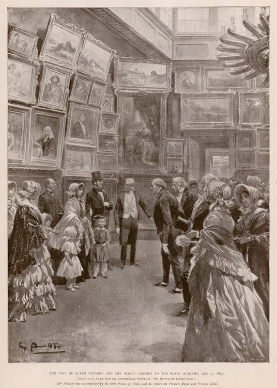 Kuningatar Victorian ja prinssi Albertin vierailu Lontoon kuninkaalliseen akatemiaan 3. toukokuuta 1849 (syväpaino). tekijältä G.S. (after) Amato