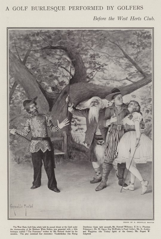 Golfburleski golfaajien esittämänä West Herts Clubin vuotuisella illallisella (litho) tekijältä G. Grenville Manton