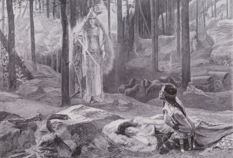 Ilmestys (Brunnhilde löytää Sieglinden ja Siegmundin) (litho) tekijältä Gaston Bussiere