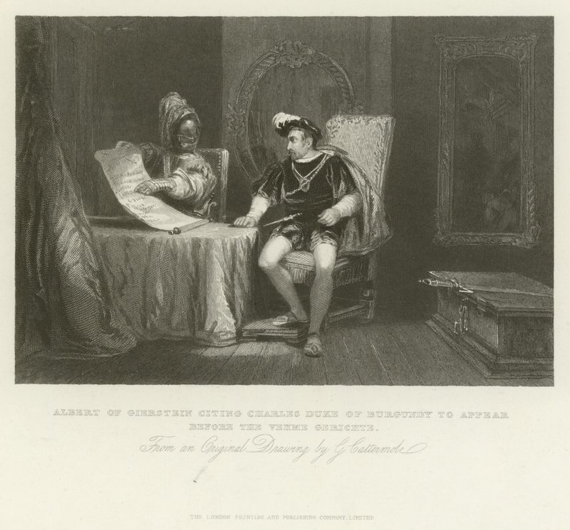 Albert of Geierstein, joka vetoaa Burgundin herttuan Kaarle Vehme Gerichten eteen. tekijältä George Cattermole