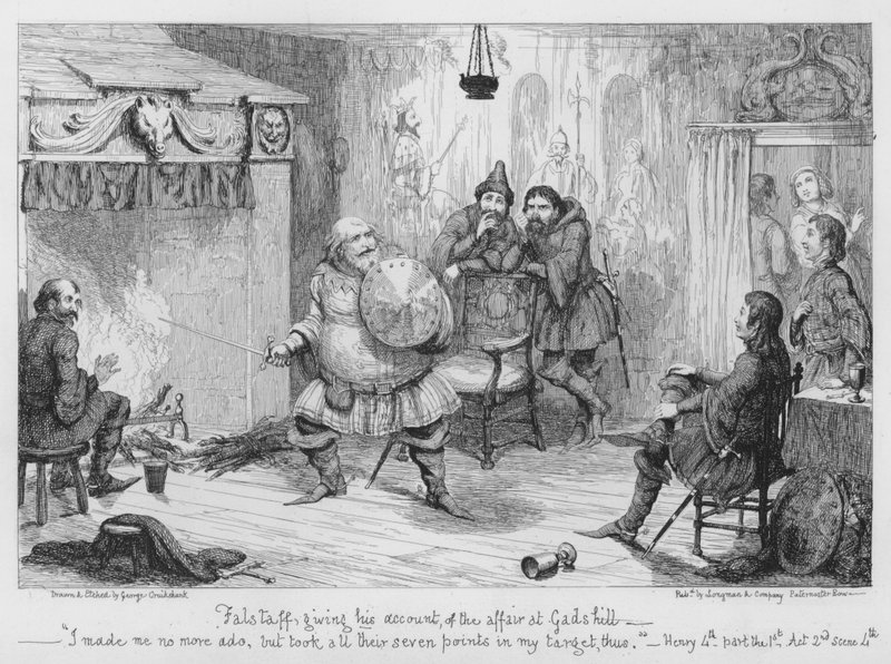 Falstaff kertomassa tapauksesta Gadshillissä tekijältä George Cruikshank