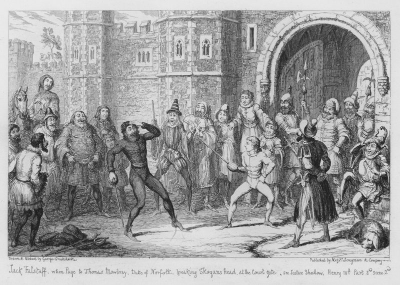 Jack Falstaff, kun Norfolkin herttua Thomas Mowbray murtaa Skoganin pään oikeuden portilla, katso Justice Shallow. tekijältä George Cruikshank