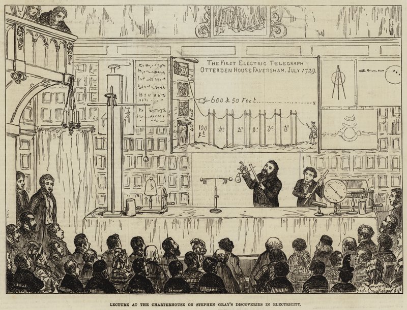 Charterhousessa luento Stephen Grayn löydöistä sähkössä tekijältä George Cruikshank