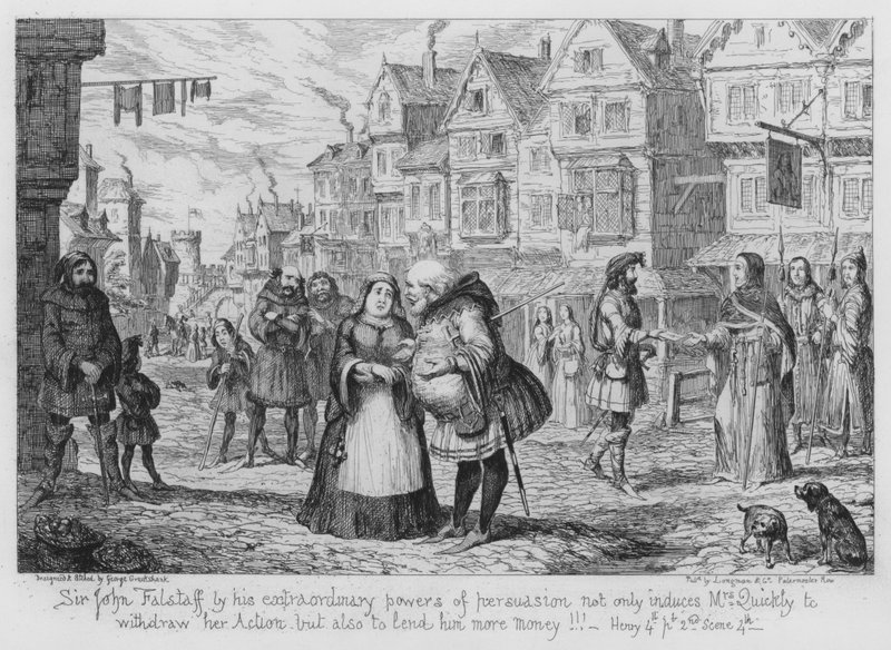 Sir John Falstaff ei ainoastaan saa rouva Quicklyn peruuttamaan toimintansa poikkeuksellisilla taivuttelukykyllään, vaan myös lainaa hänelle lisää rahaa! tekijältä George Cruikshank