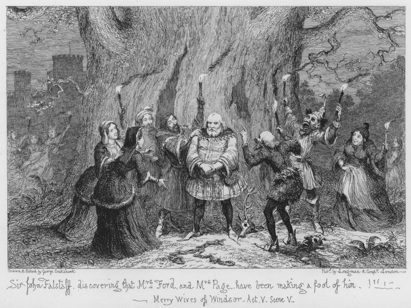 Sir John Falstaff saa selville, että rouva Ford ja rouva Page ovat tehneet hänestä pilkkaa tekijältä George Cruikshank