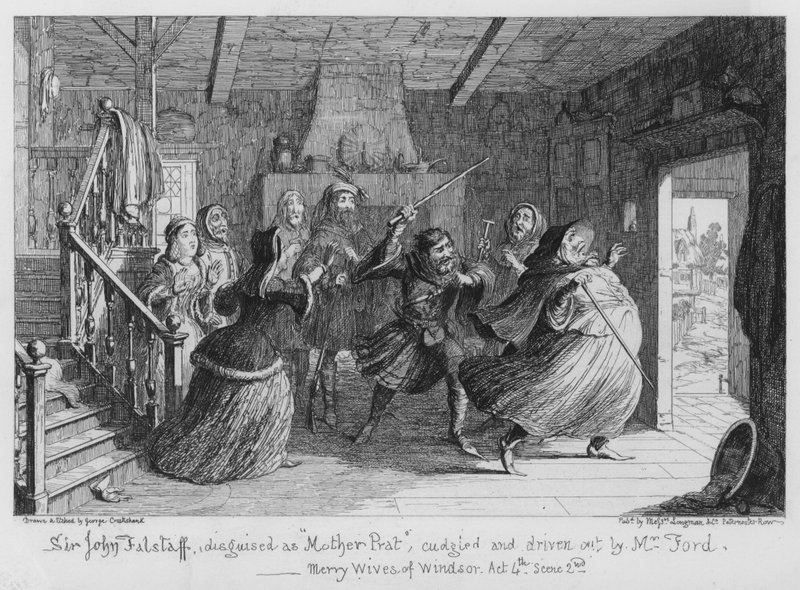 Sir John Falstaff, naamioitunut Äiti Pratiksi, herra Ford halaili ja ajoi ulos tekijältä George Cruikshank