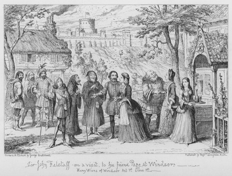 Sir John Falstaff vierailee ystävänsä Pagen luona Windsorissa tekijältä George Cruikshank