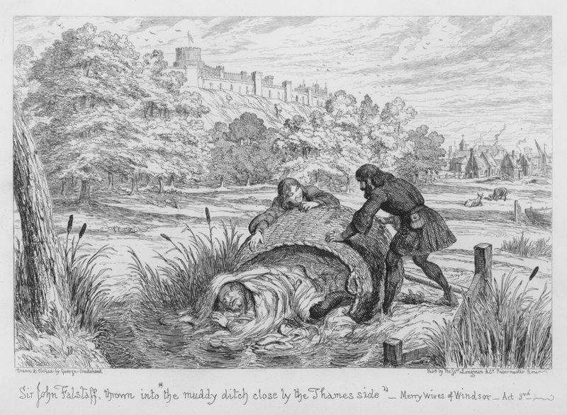Sir John Falstaff heitettiin mutaiseen ojaan lähellä Thamesin rantaa tekijältä George Cruikshank