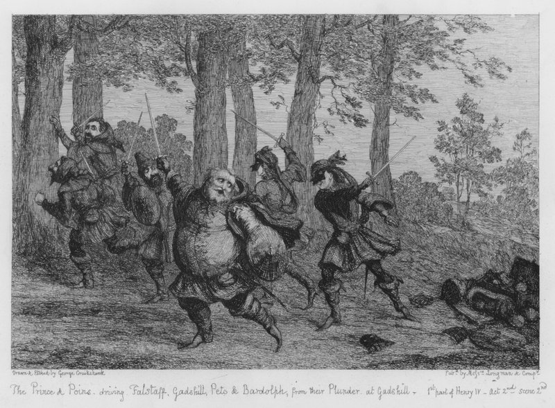 Prinssi ja Poins ajavat Falstaffia, Gadshilliä, Petoa ja Bardolphia ryöstöstään Gadshillissä tekijältä George Cruikshank