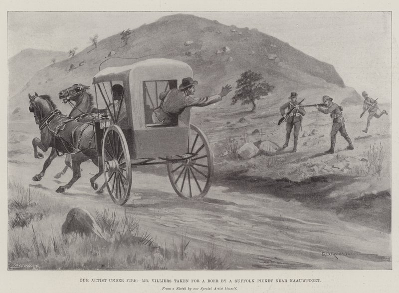 Taiteilijamme tulessa, herra Villiers, jonka Suffolk Picket otti karjuun Naauwpoortin lähellä tekijältä George Derville Rowlandson