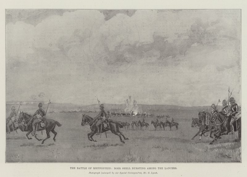 Rietfonteinin taistelu, buurien kranaatti räjähtää Lancersin joukossa tekijältä George Derville Rowlandson